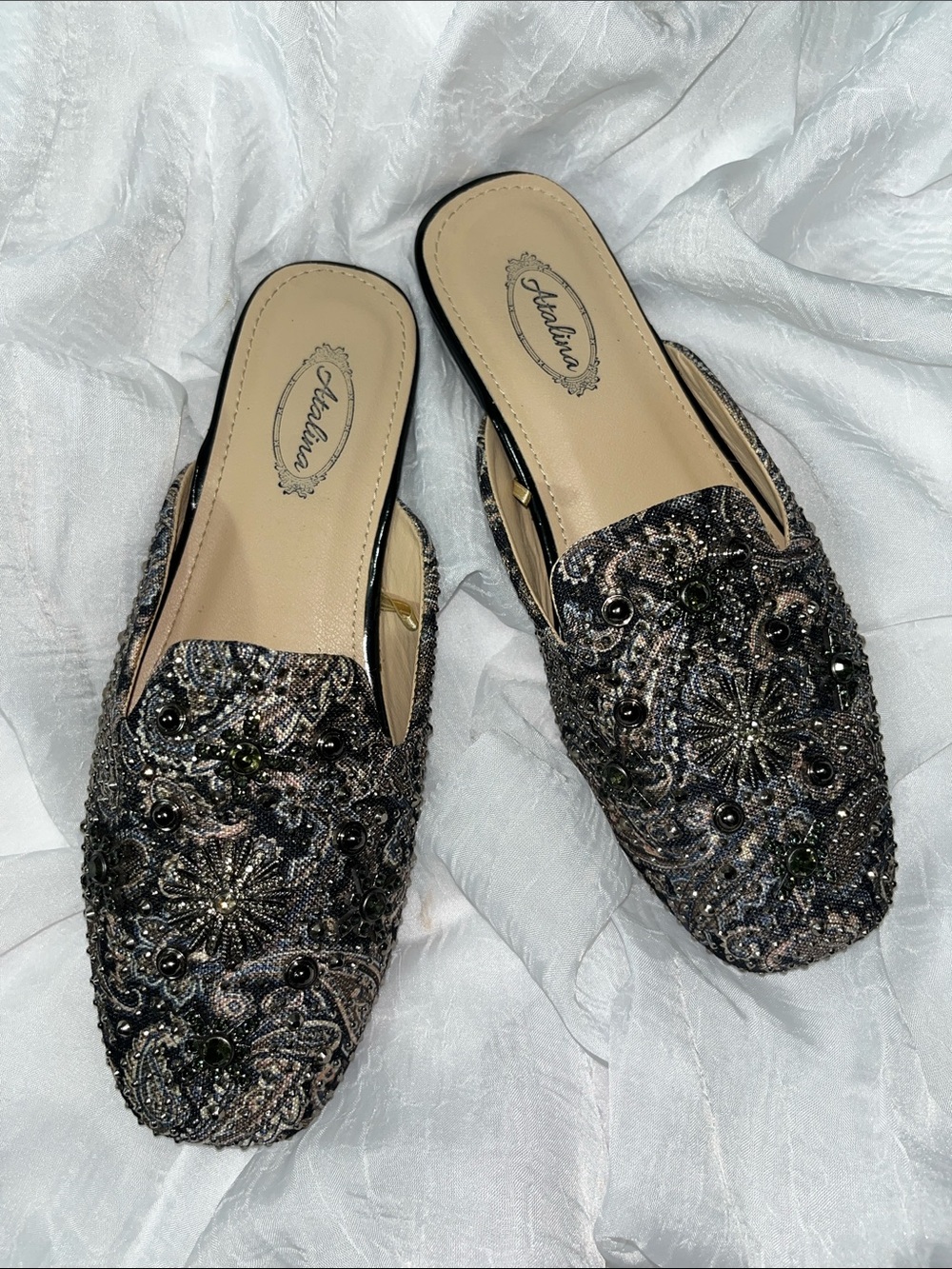 Atalina Beaded Slip-On Mules in Metallic Pewter and Black